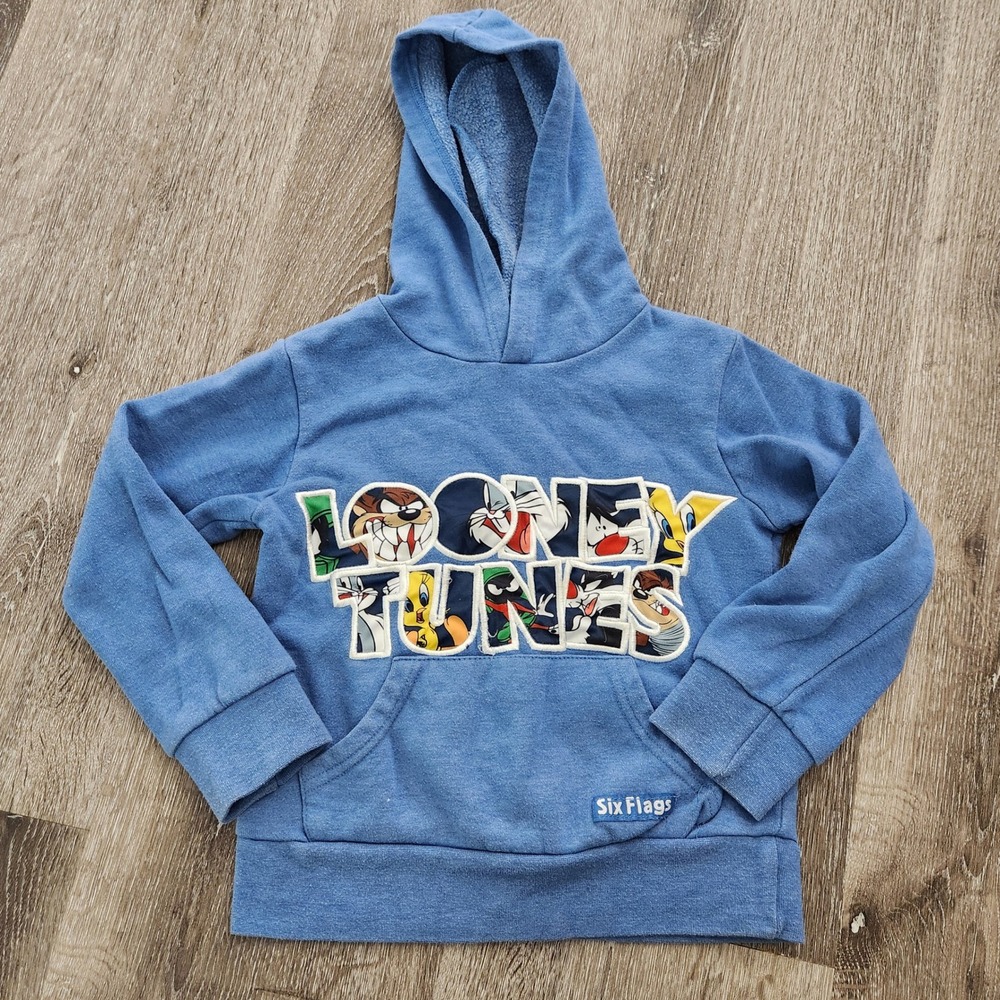Six Flags Looney Tunes Graphic Hoodie Blue Kids Small Bugs Bunny Taz Tweety